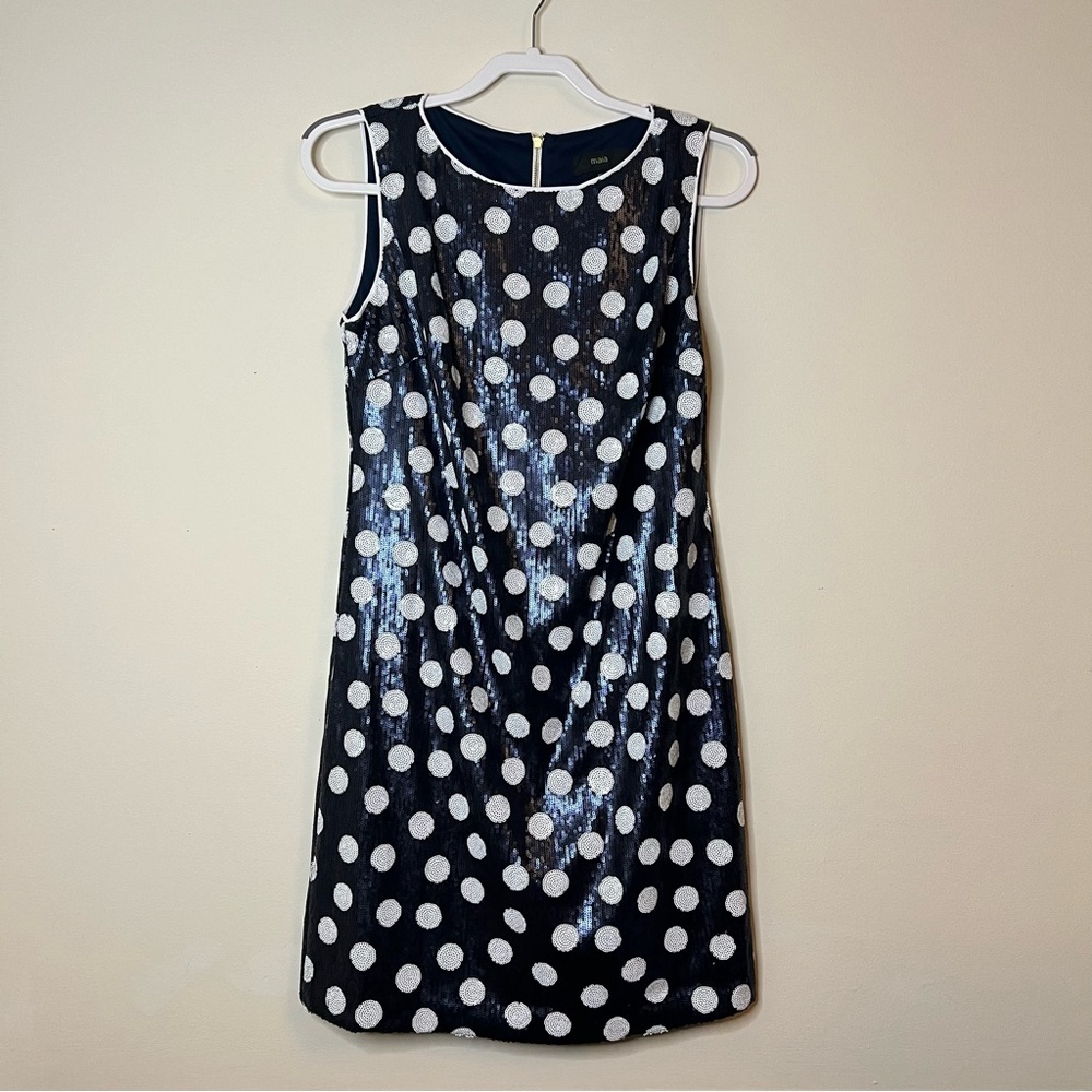 maia sequin blue & white polka dot party dress‎ zip up back women's 10